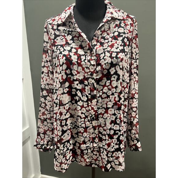 Two Twenty Red Pink White Floral Blouse Chiffon Shear Blouse Medium - Picture 1 of 6